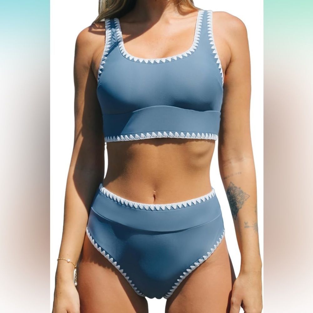 New CUPSHE Bikini Set Scoop Neck Tank Wide Straps Midkini Stitching Blue S